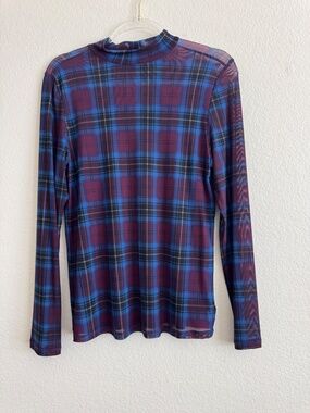 Sheer Plaid Mesh Mock Neck Top Burgundy Blue Y2K Grunge Dark Academia
